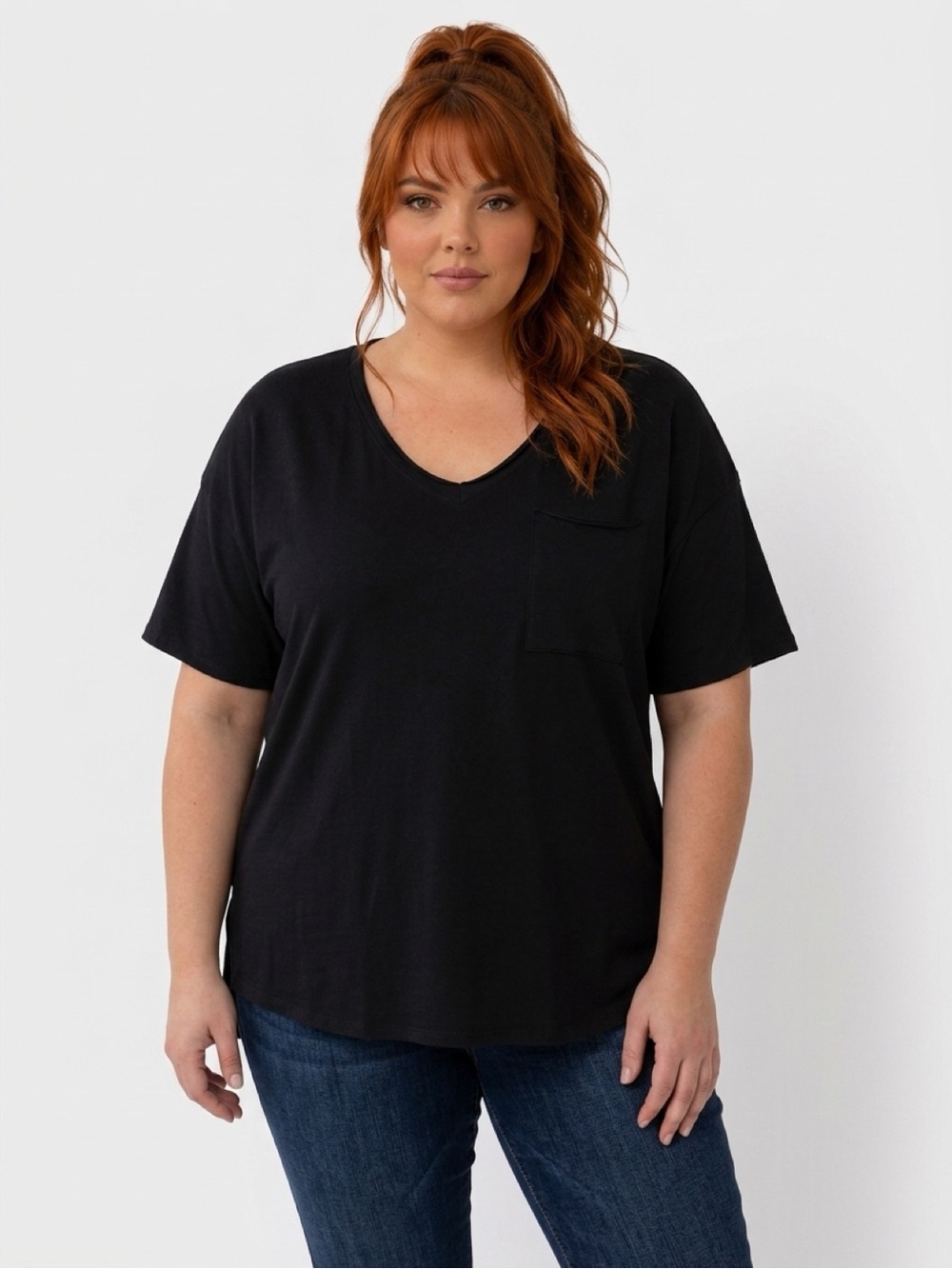 Zenana Black Oversized V-Neck Pocket Top | Size Large